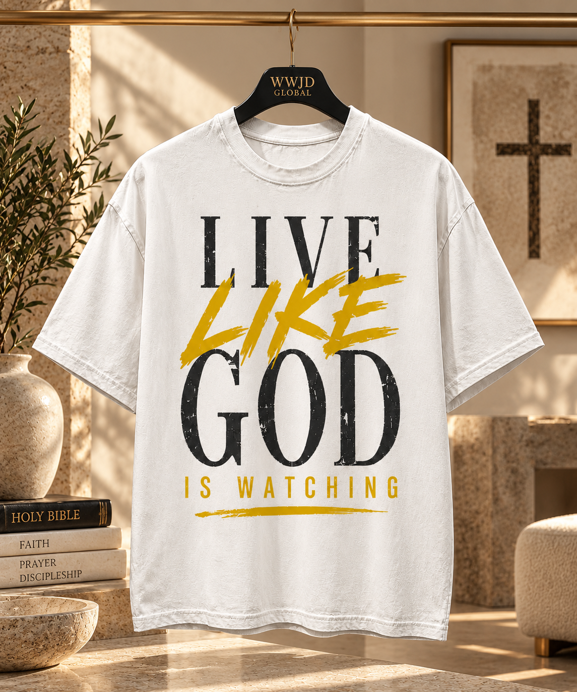 Live Like God Is Watching Tee – White & Gold