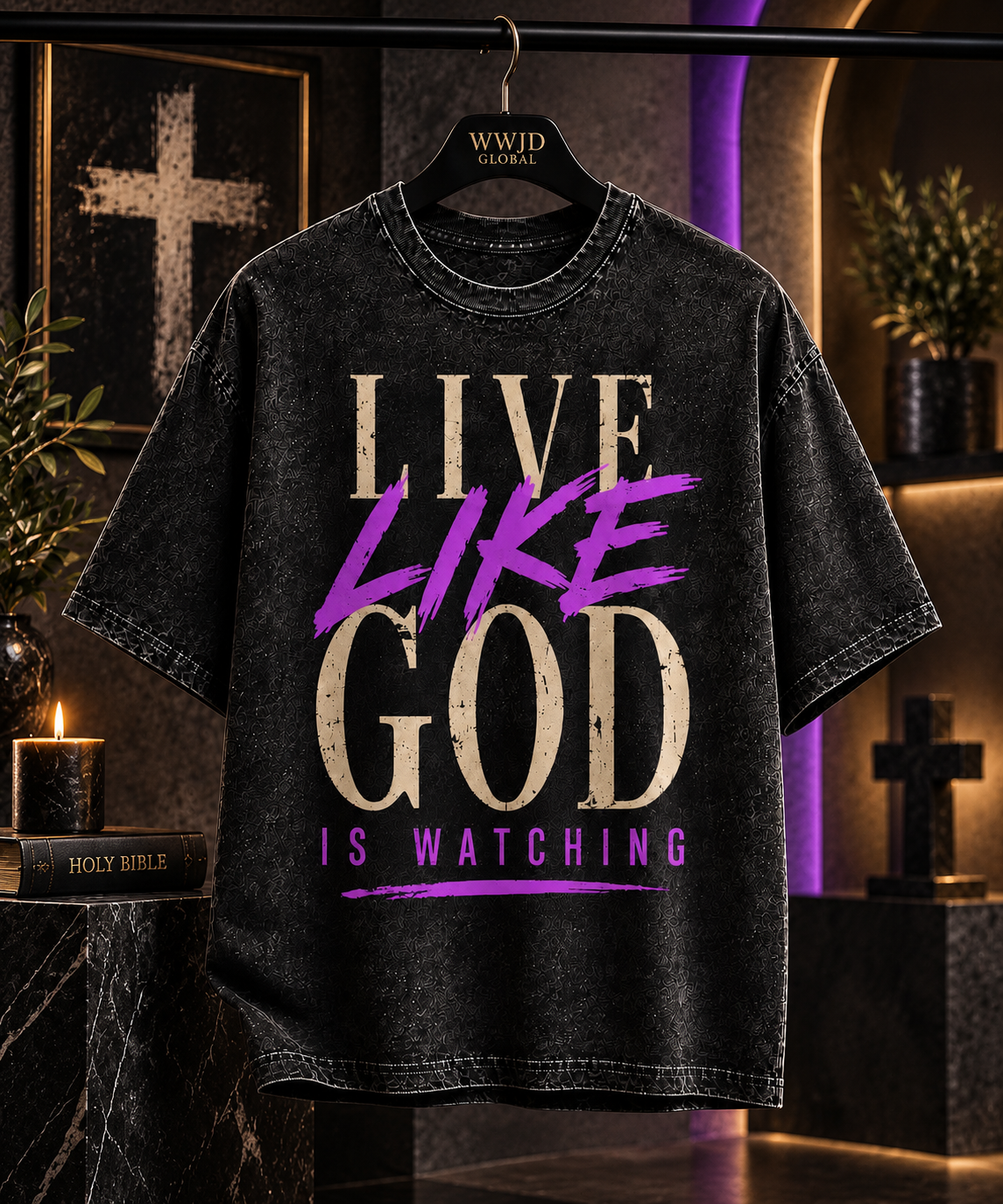 Live Like God Is Watching Tee – Vintage Black & Purple